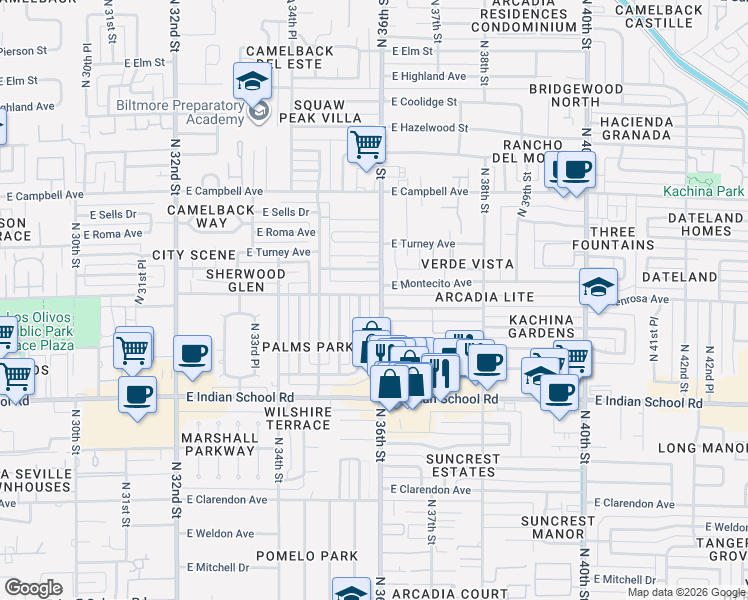 map of restaurants, bars, coffee shops, grocery stores, and more near 4246 North 36th Street in Phoenix