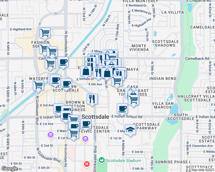 map of restaurants, bars, coffee shops, grocery stores, and more near 4295 North 75th Street in Scottsdale