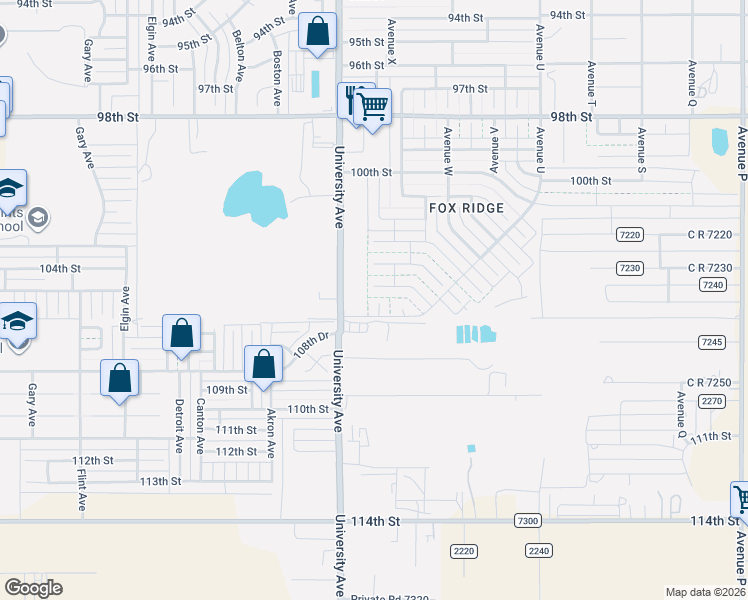 map of restaurants, bars, coffee shops, grocery stores, and more near 10601 University Ave in Lubbock