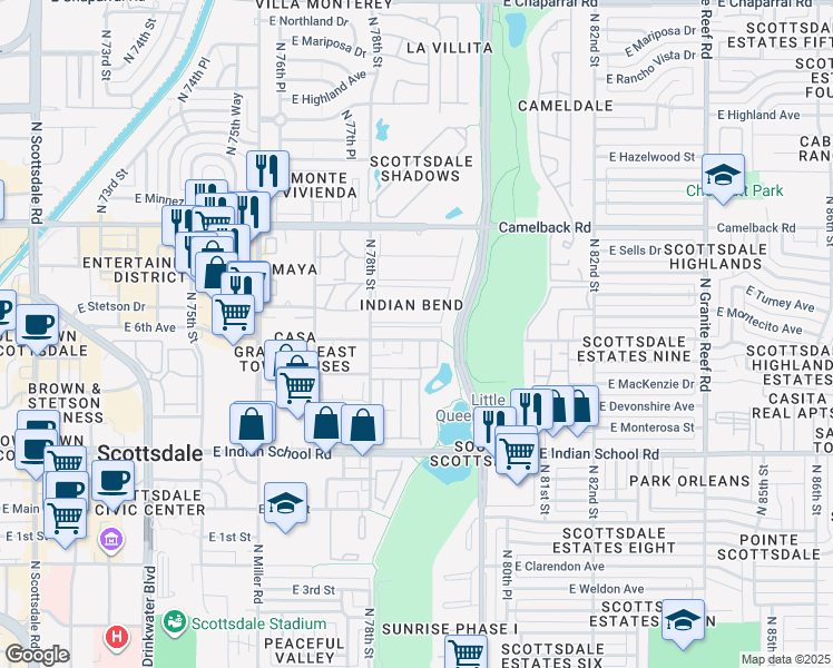 map of restaurants, bars, coffee shops, grocery stores, and more near 7826 East Heatherbrae Avenue in Scottsdale