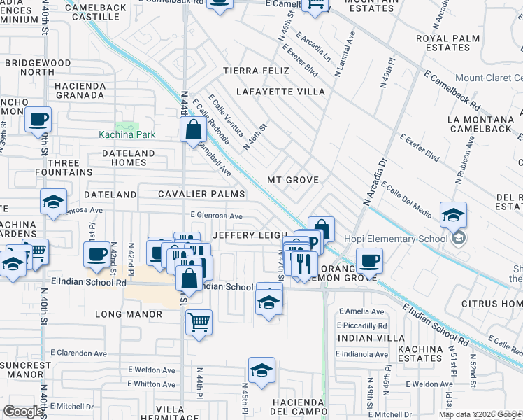 map of restaurants, bars, coffee shops, grocery stores, and more near 4605 East Glenrosa Avenue in Phoenix