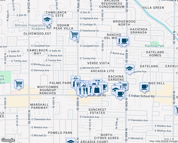 map of restaurants, bars, coffee shops, grocery stores, and more near 3643 East Glenrosa Avenue in Phoenix