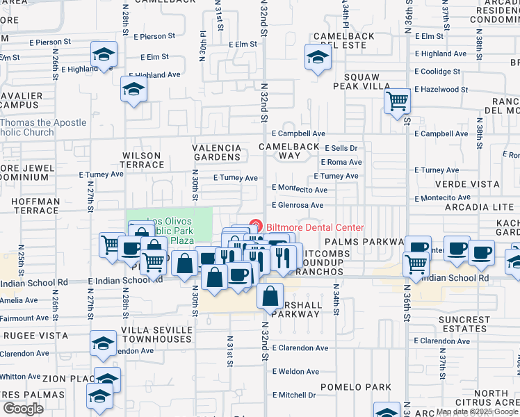 map of restaurants, bars, coffee shops, grocery stores, and more near 3139 East Glenrosa Avenue in Phoenix