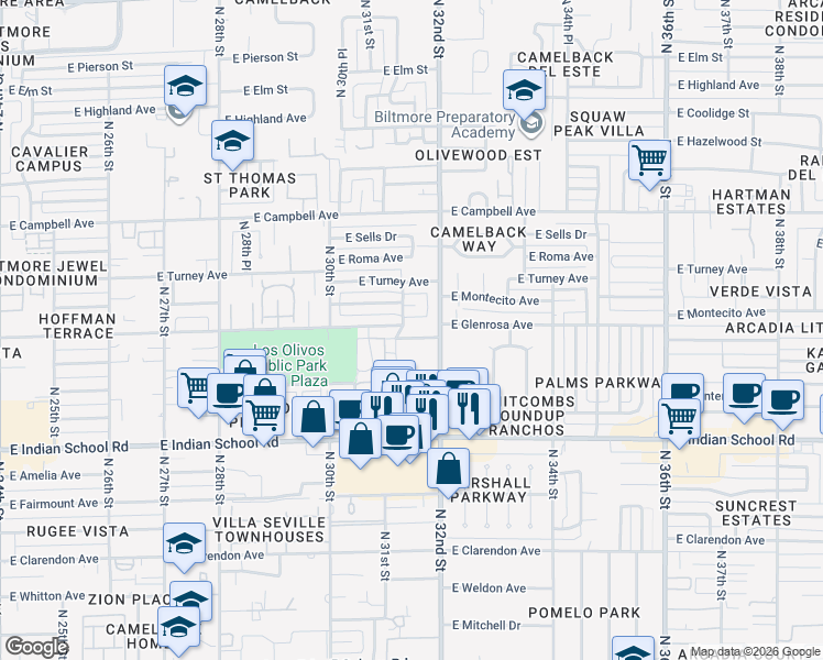 map of restaurants, bars, coffee shops, grocery stores, and more near 3139 East Glenrosa Avenue in Phoenix