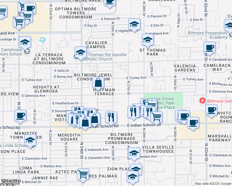 map of restaurants, bars, coffee shops, grocery stores, and more near 2546 East Heatherbrae Drive in Phoenix