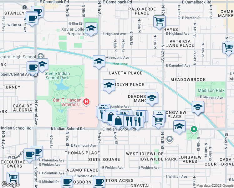 map of restaurants, bars, coffee shops, grocery stores, and more near 920 East Devonshire Avenue in Phoenix