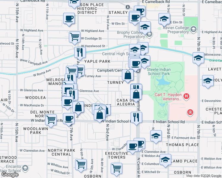 map of restaurants, bars, coffee shops, grocery stores, and more near 4233 North 2nd Drive in Phoenix