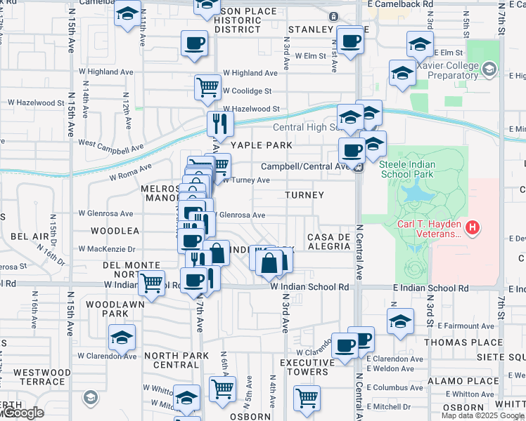 map of restaurants, bars, coffee shops, grocery stores, and more near 418 West Monterosa Street in Phoenix