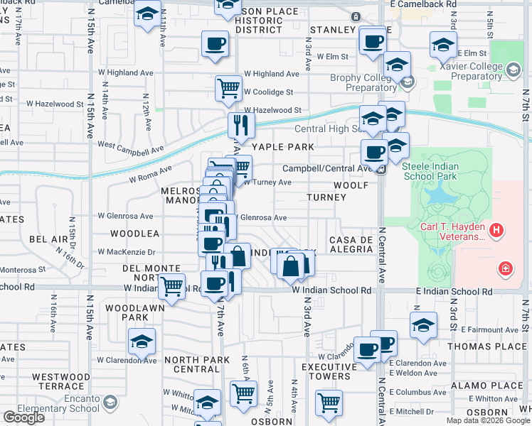 map of restaurants, bars, coffee shops, grocery stores, and more near 418 West Monterosa Street in Phoenix