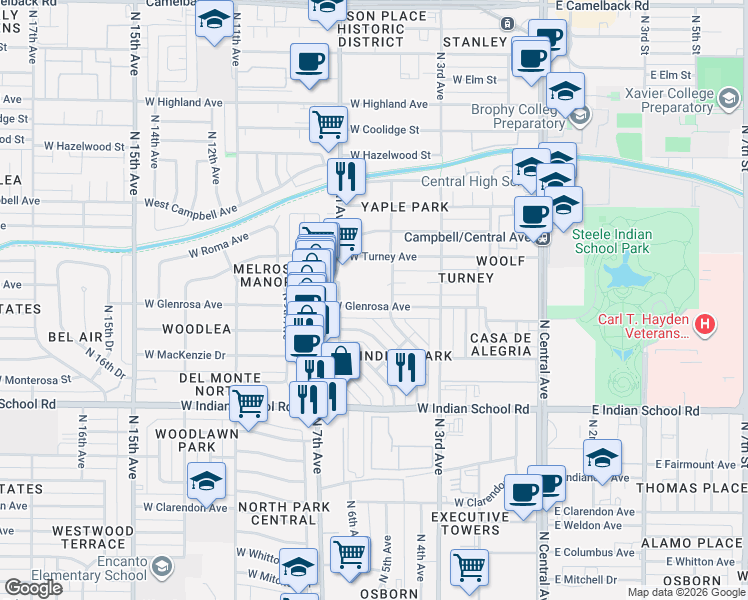 map of restaurants, bars, coffee shops, grocery stores, and more near 4235 4th Avenue Northwest in Phoenix