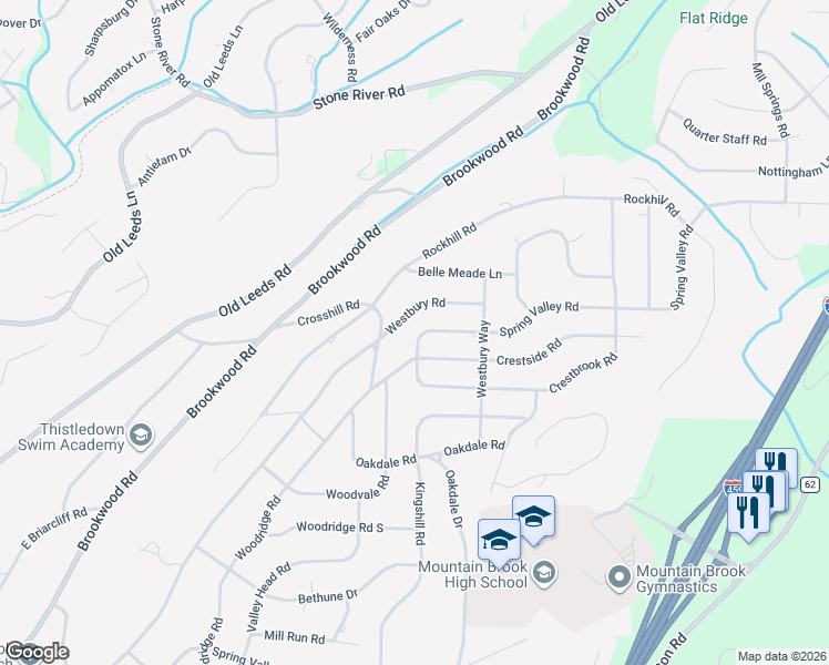 map of restaurants, bars, coffee shops, grocery stores, and more near 3608 Spring Valley Road in Birmingham