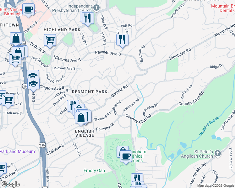 map of restaurants, bars, coffee shops, grocery stores, and more near 3036 Sterling Road in Birmingham