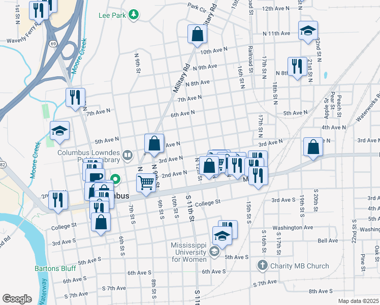 map of restaurants, bars, coffee shops, grocery stores, and more near 215 12th St N in Columbus