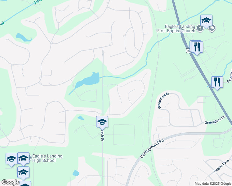 map of restaurants, bars, coffee shops, grocery stores, and more near 412 Heathcliff Court in McDonough