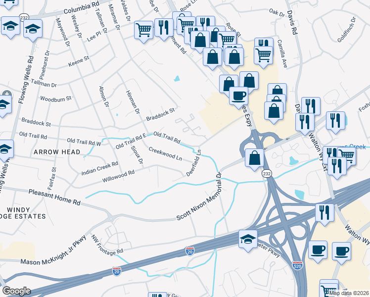 map of restaurants, bars, coffee shops, grocery stores, and more near 3911 Creekwood Lane in Augusta