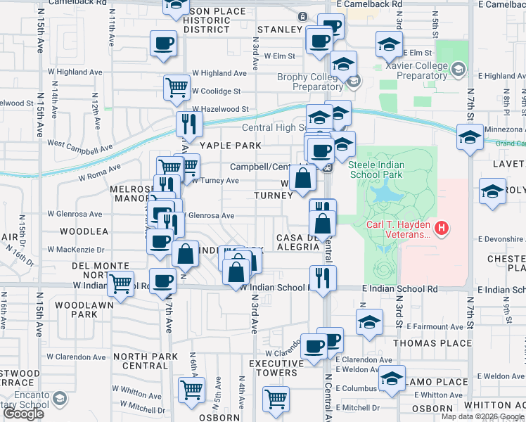 map of restaurants, bars, coffee shops, grocery stores, and more near 4233 North 2nd Drive in Phoenix