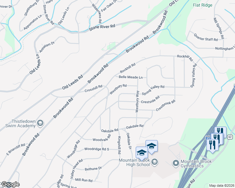 map of restaurants, bars, coffee shops, grocery stores, and more near 3608 Spring Valley Road in Birmingham