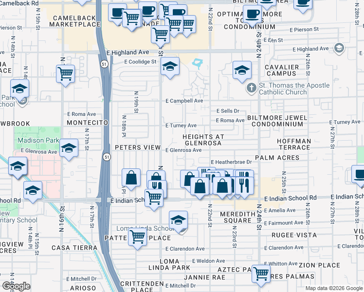 map of restaurants, bars, coffee shops, grocery stores, and more near 2060 East Glenrosa Avenue in Phoenix