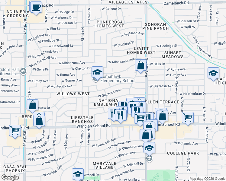 map of restaurants, bars, coffee shops, grocery stores, and more near 7640 West Heatherbrae Drive in Phoenix