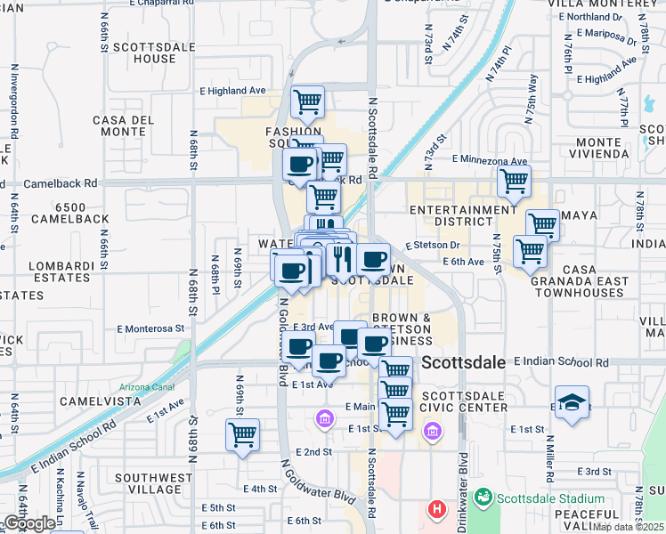 map of restaurants, bars, coffee shops, grocery stores, and more near 7081 East 5th Avenue in Scottsdale