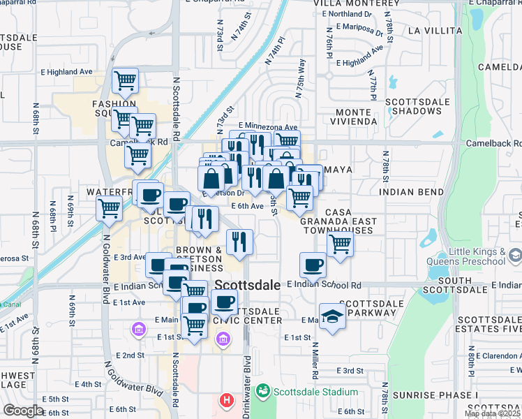 map of restaurants, bars, coffee shops, grocery stores, and more near 4245 North Drinkwater Boulevard in Scottsdale