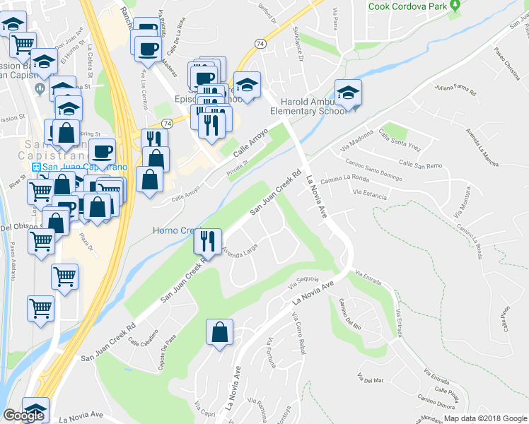 map of restaurants, bars, coffee shops, grocery stores, and more near 31962 Via La Plata in San Juan Capistrano