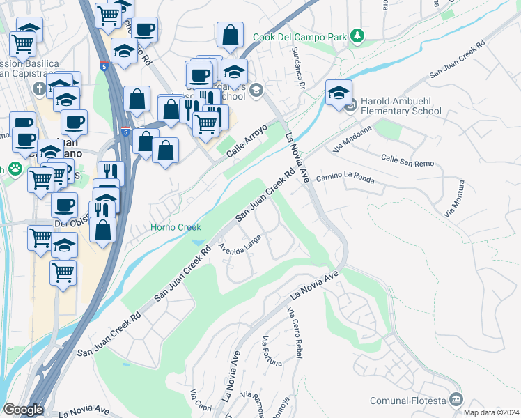 map of restaurants, bars, coffee shops, grocery stores, and more near 31962 Via La Plata in San Juan Capistrano