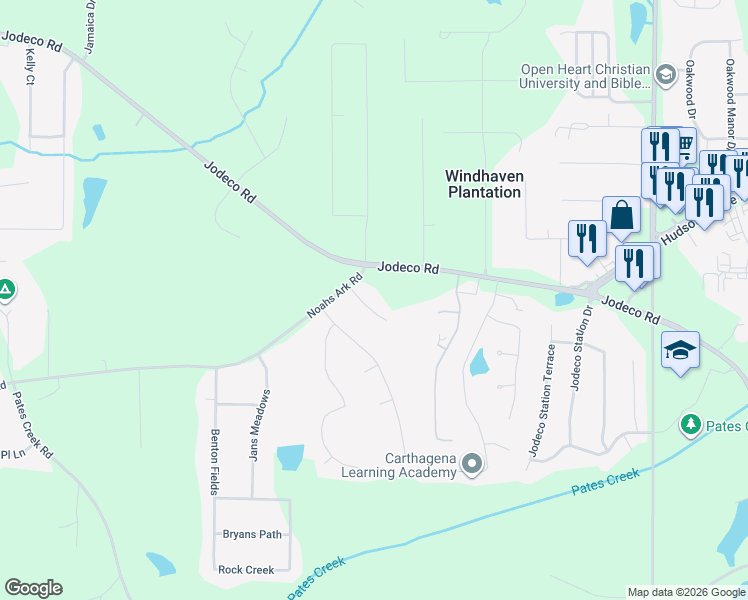 map of restaurants, bars, coffee shops, grocery stores, and more near 105 Jodeco Way in Stockbridge