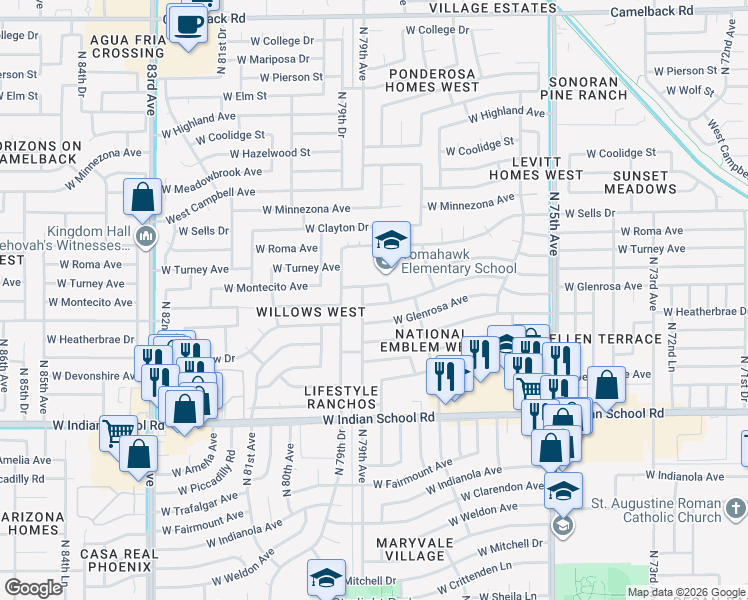 map of restaurants, bars, coffee shops, grocery stores, and more near 7814 West Montecito Avenue in Phoenix