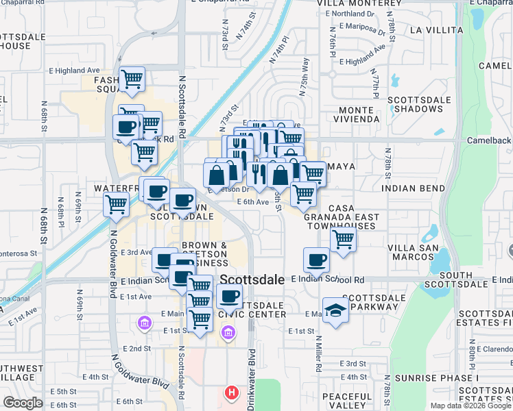 map of restaurants, bars, coffee shops, grocery stores, and more near 4333 North Civic Center Plaza in Scottsdale
