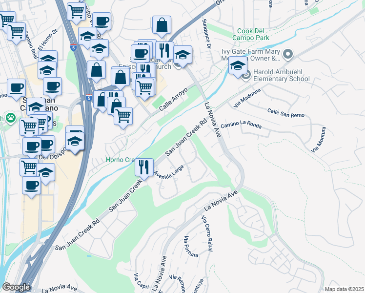 map of restaurants, bars, coffee shops, grocery stores, and more near 31962 Via La Plata in San Juan Capistrano