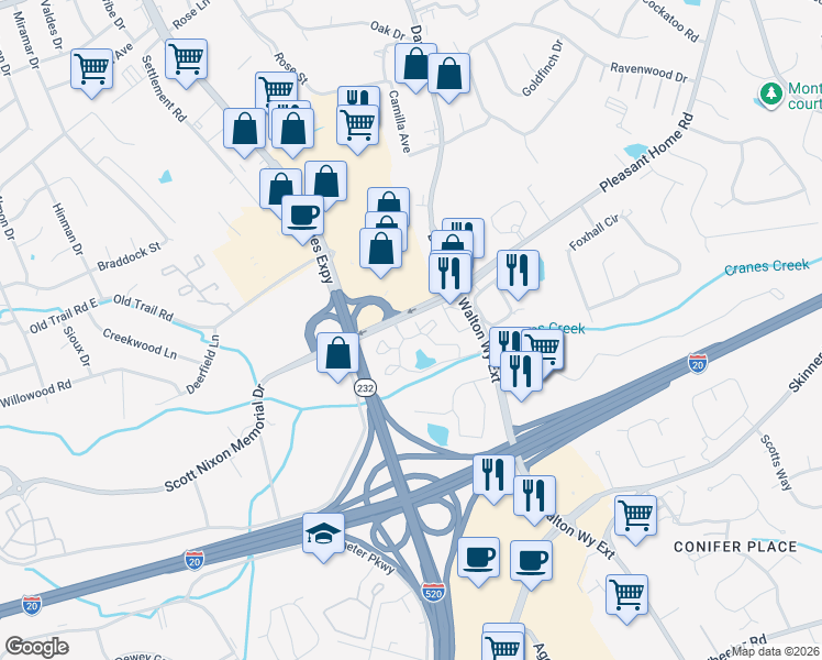 map of restaurants, bars, coffee shops, grocery stores, and more near 2336 Spring House Lane in Augusta