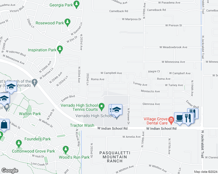 map of restaurants, bars, coffee shops, grocery stores, and more near West Indian School Road in Litchfield Park