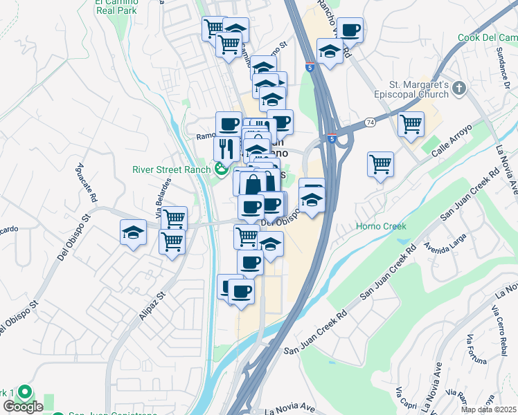 map of restaurants, bars, coffee shops, grocery stores, and more near in San Juan Capistrano