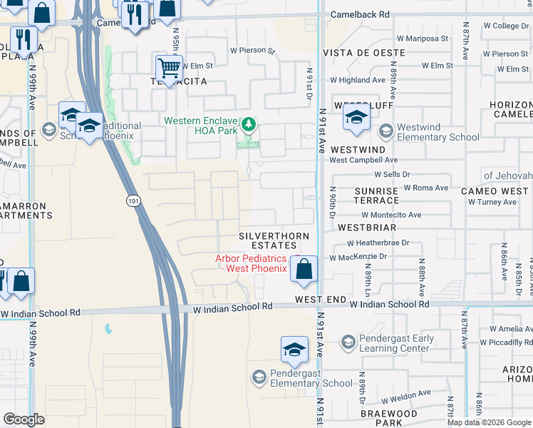 map of restaurants, bars, coffee shops, grocery stores, and more near 9218 West Serrano Street in Phoenix