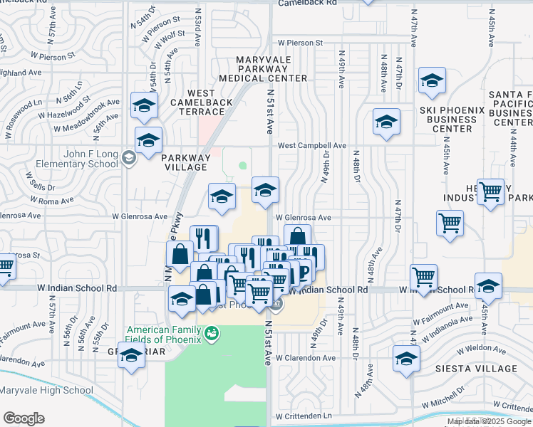 map of restaurants, bars, coffee shops, grocery stores, and more near 4308 North 51st Avenue in Phoenix