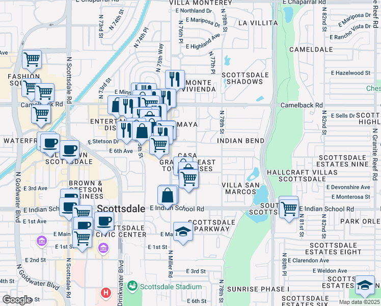 map of restaurants, bars, coffee shops, grocery stores, and more near 7637 East Montecito Avenue in Scottsdale
