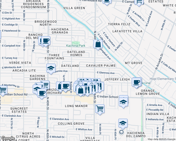 map of restaurants, bars, coffee shops, grocery stores, and more near 4308 East Montecito Avenue in Phoenix