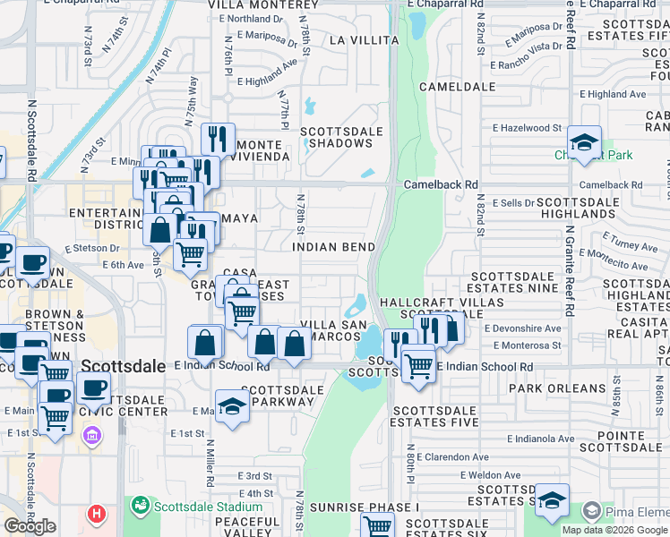 map of restaurants, bars, coffee shops, grocery stores, and more near in Scottsdale