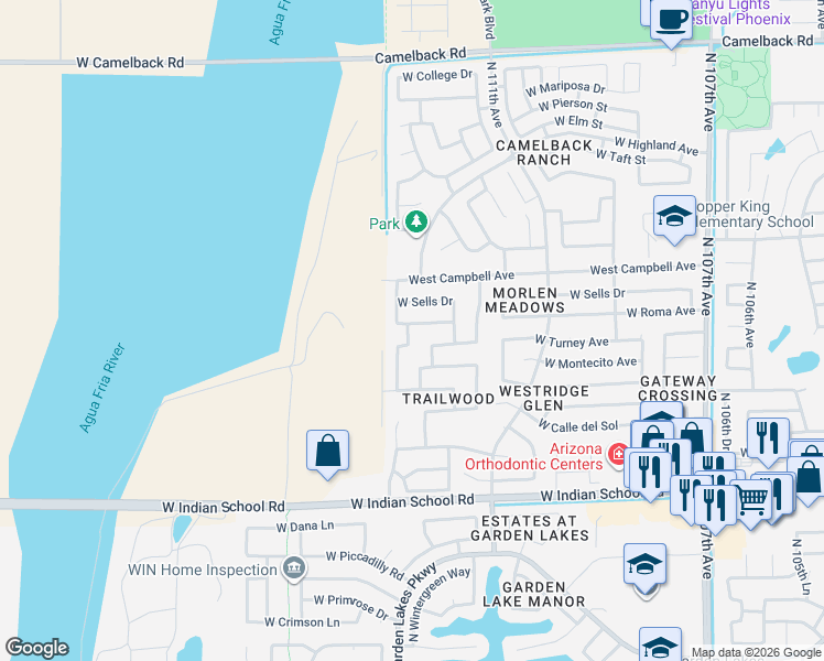 map of restaurants, bars, coffee shops, grocery stores, and more near 11251 West Sells Drive in Phoenix