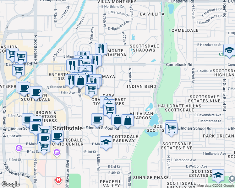 map of restaurants, bars, coffee shops, grocery stores, and more near 4361-4369 North Parkway Avenue in Scottsdale