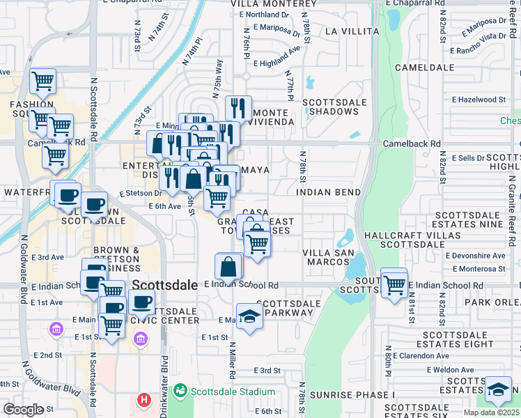 map of restaurants, bars, coffee shops, grocery stores, and more near 7637 East Montecito Avenue in Scottsdale