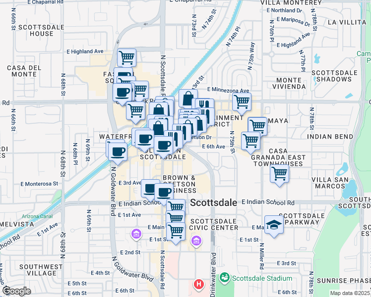 map of restaurants, bars, coffee shops, grocery stores, and more near 7295 East Stetson Drive in Scottsdale