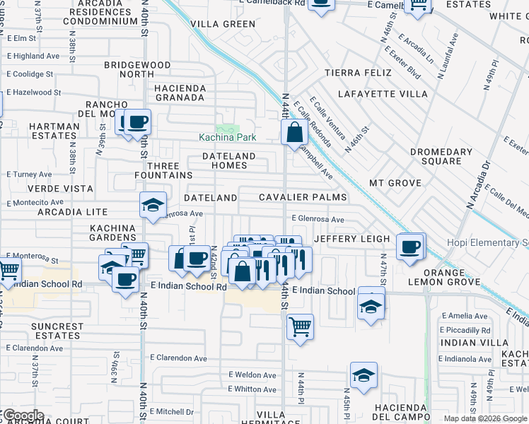 map of restaurants, bars, coffee shops, grocery stores, and more near 4308 East Montecito Avenue in Phoenix