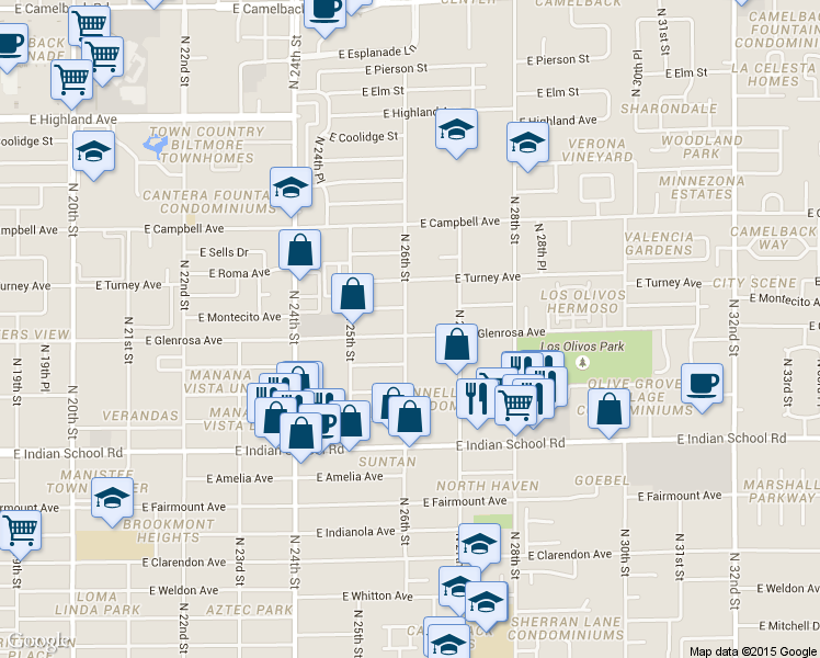 map of restaurants, bars, coffee shops, grocery stores, and more near 2546 East Montecito Avenue in Phoenix