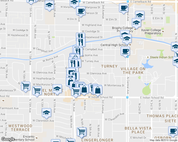 map of restaurants, bars, coffee shops, grocery stores, and more near 344 West Montecito Avenue in Phoenix