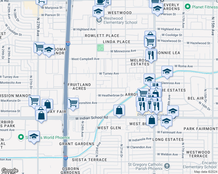 map of restaurants, bars, coffee shops, grocery stores, and more near 2226 West Glenrosa Avenue in Phoenix