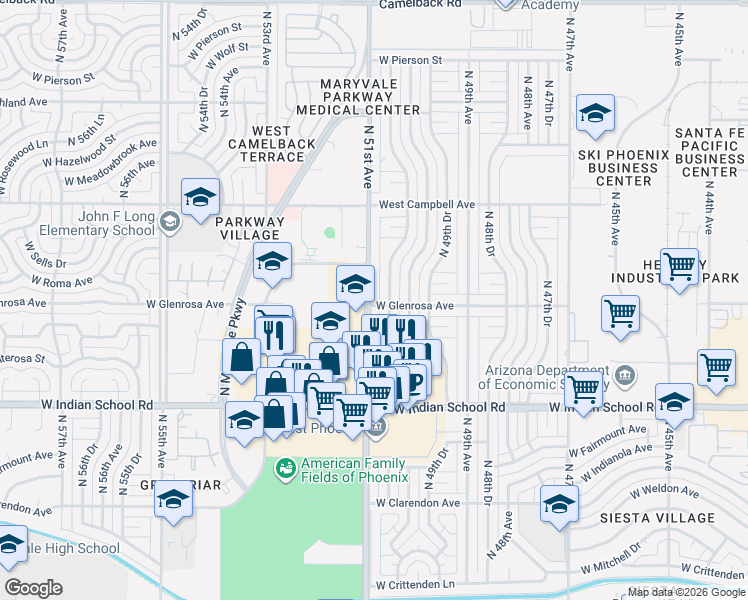 map of restaurants, bars, coffee shops, grocery stores, and more near 4321 North 51st Avenue in Phoenix