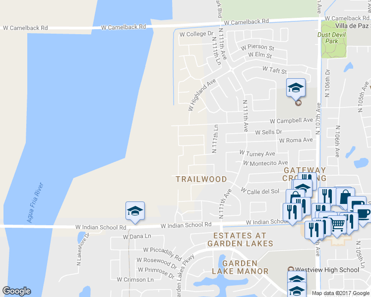 map of restaurants, bars, coffee shops, grocery stores, and more near 11251 West Sells Drive in Phoenix