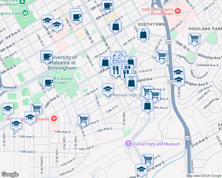 map of restaurants, bars, coffee shops, grocery stores, and more near 1901 11th Avenue South in Birmingham